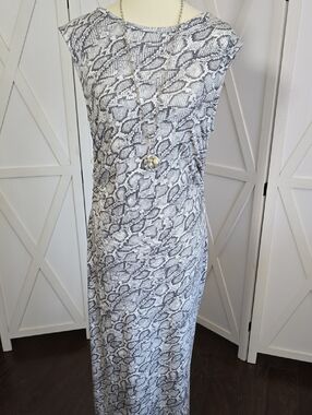 Bar III Gray and White Snake-Print Sleeveless Maxi Dress